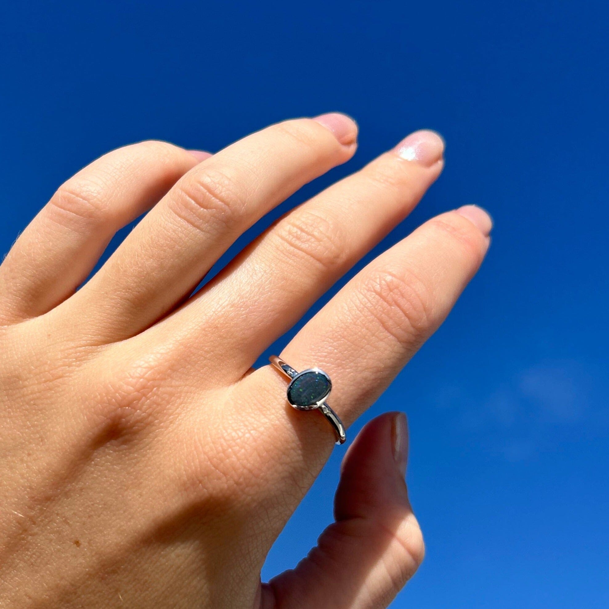 Charcoal Blue Black Opal & Diamond Ring 079