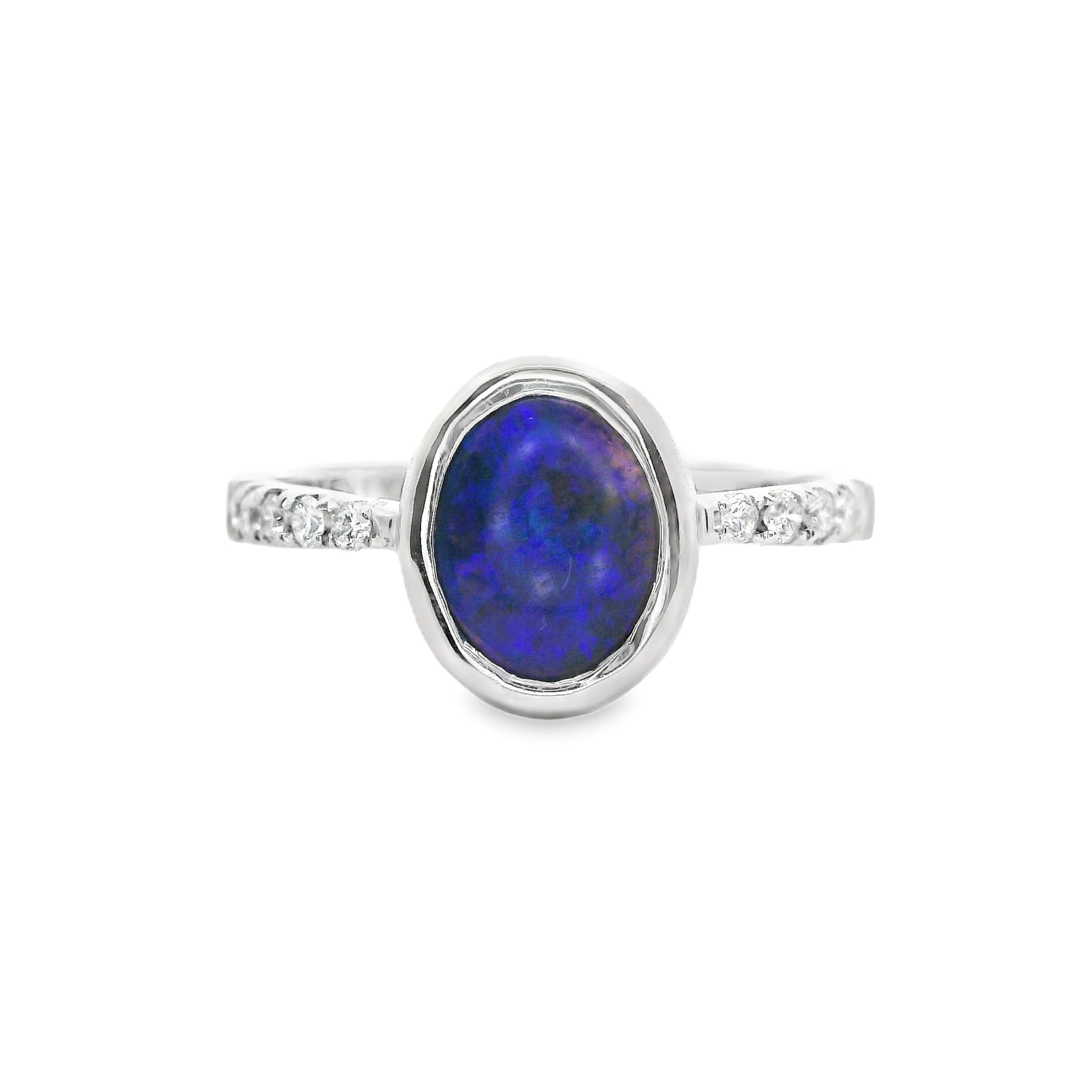 Silver ring with a blue opal with a diamond halo