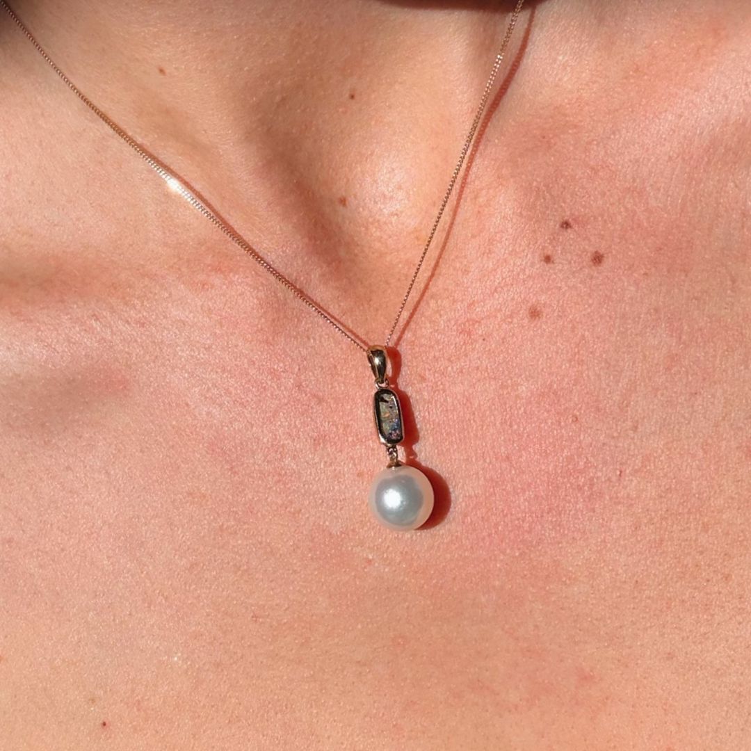 Dark Rainbow Boulder Opal & South Sea Pearl Pendant 016