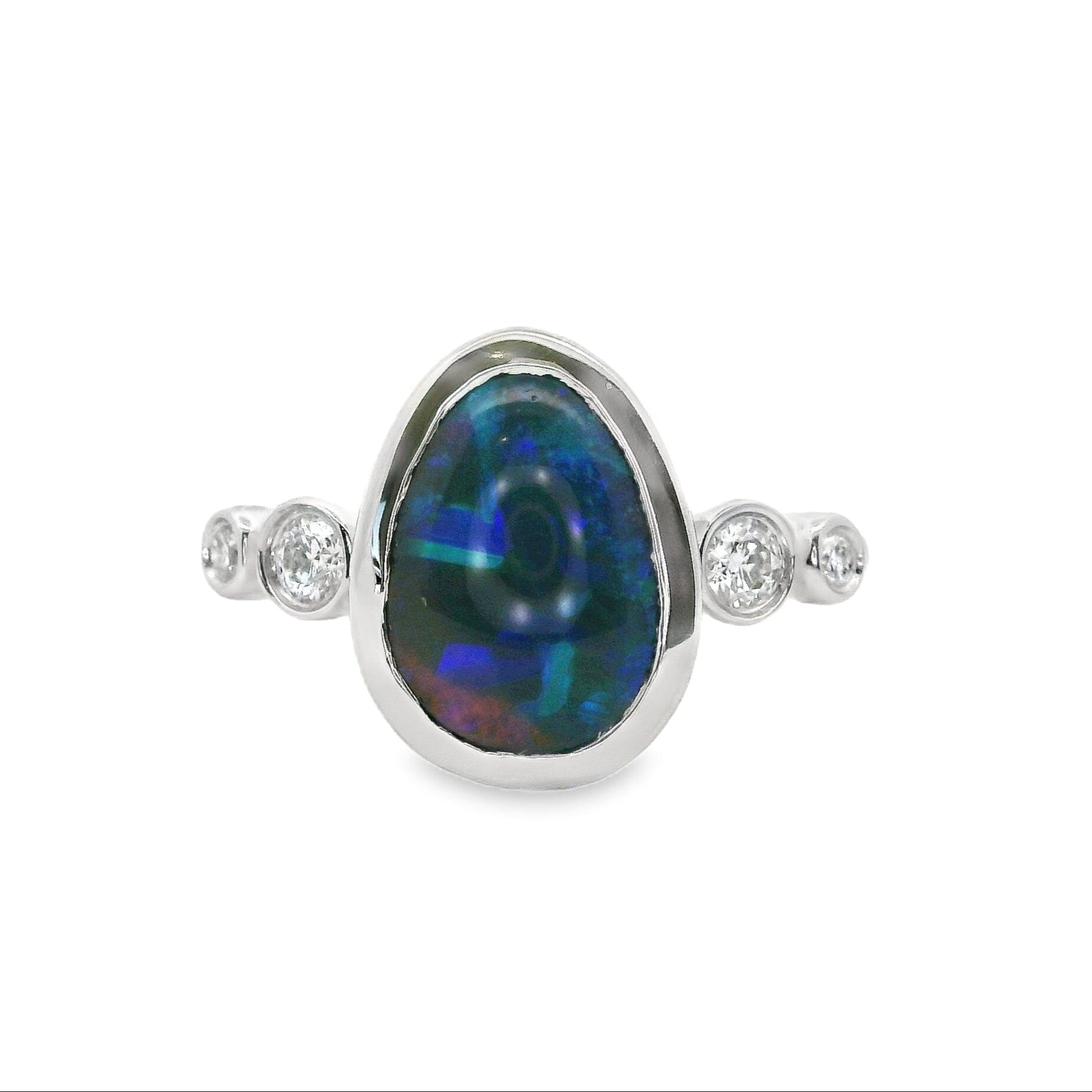 Silver ring with a large Australian black opal and smaller diamonds on a white background | Ikecho Australia