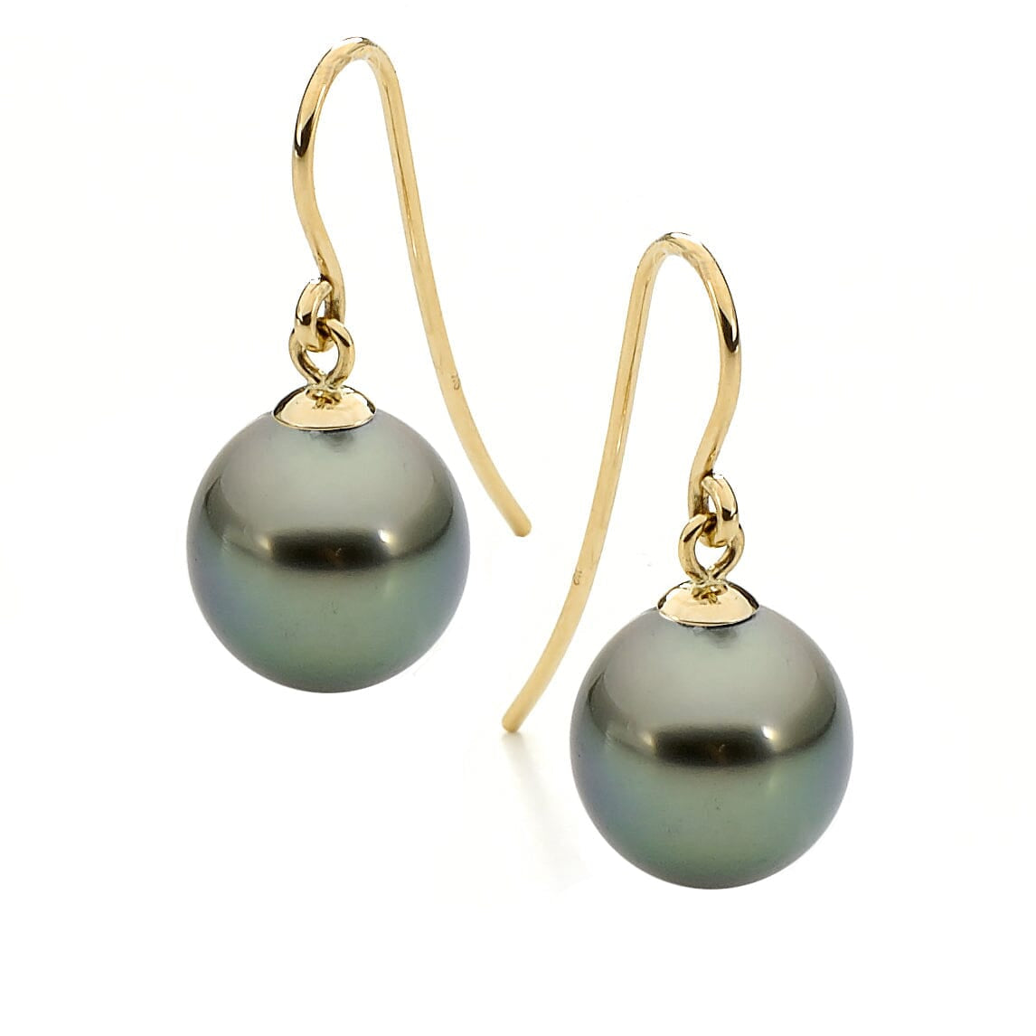 A pair of 9ct gold earrings featuring natural black drop Tahitian pearls with a warm black hue | Ikecho Australia