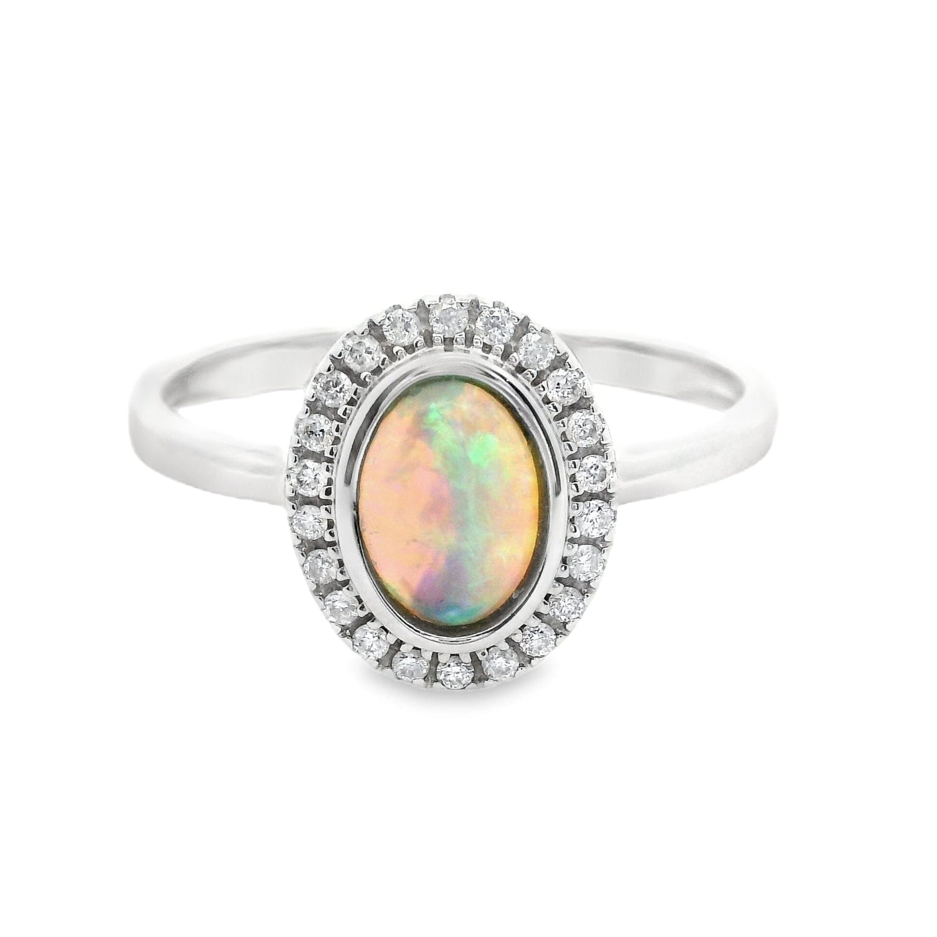 White Gold ring with an opal stone and diamond accents on a white background | Ikecho Australia