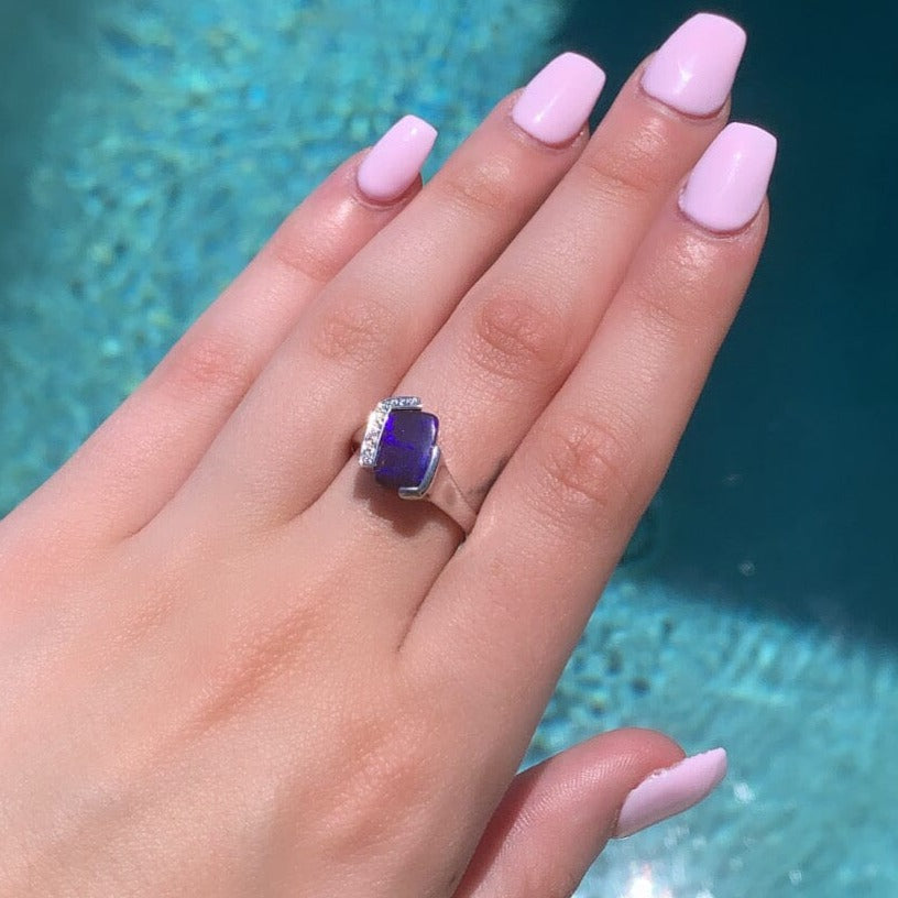 Ink Blue Boulder Opal Ring 050