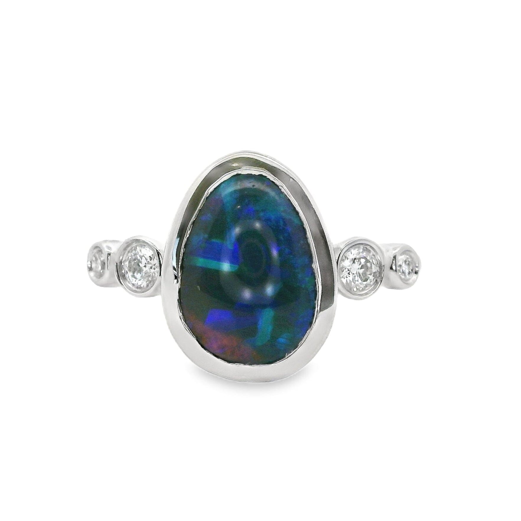 Silver ring with a large Australian black opal and smaller diamonds on a white background | Ikecho Australia
