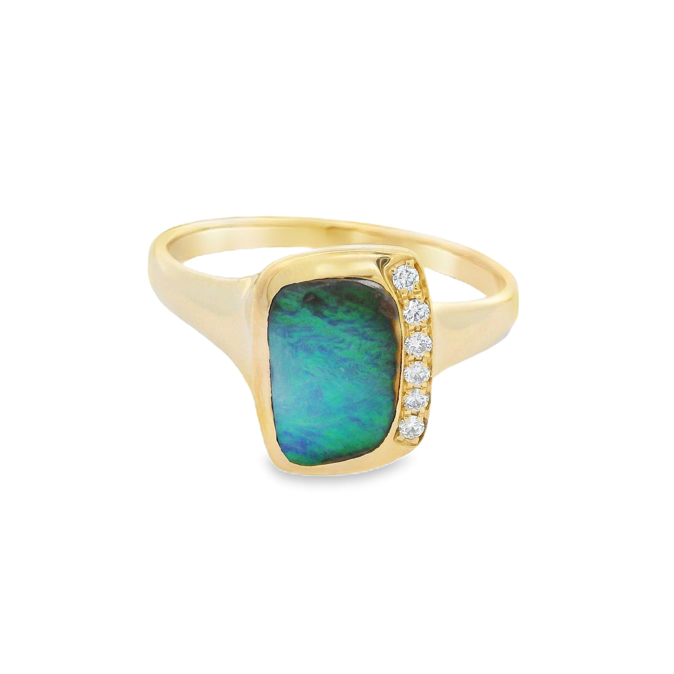 Gold ring with a green opal stone and small diamonds on a white background | Ikecho Australia