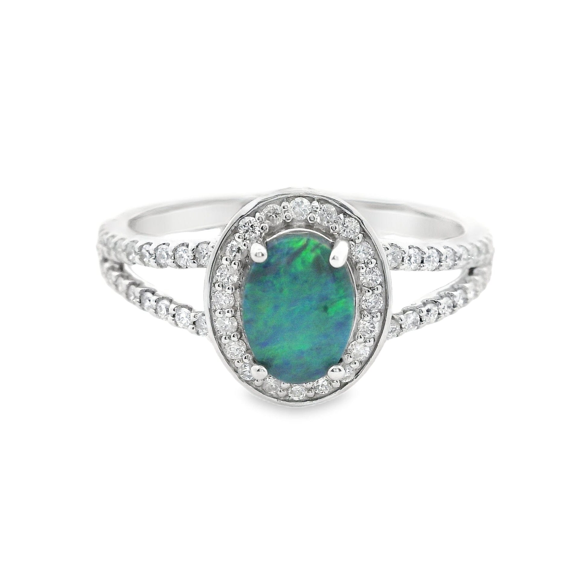 White gold ring with a green opal stone and diamond accents on a white background