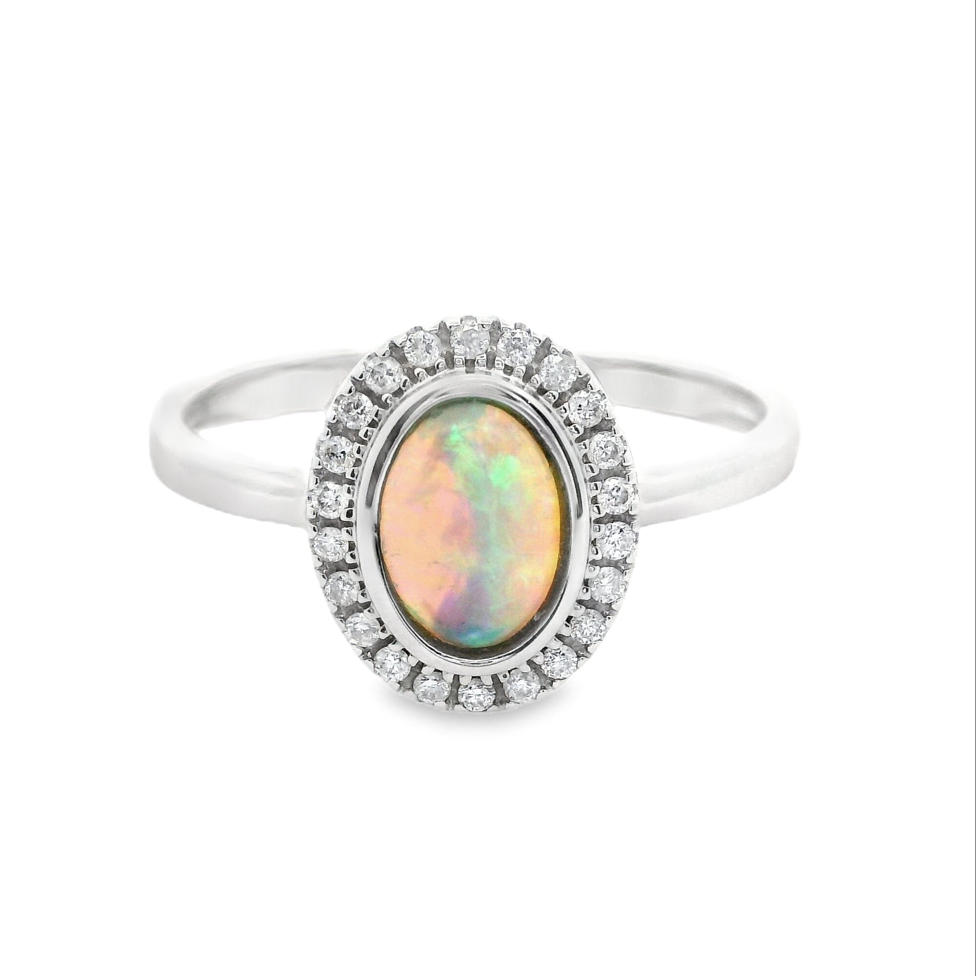 White Gold ring with an opal stone and diamond accents on a white background