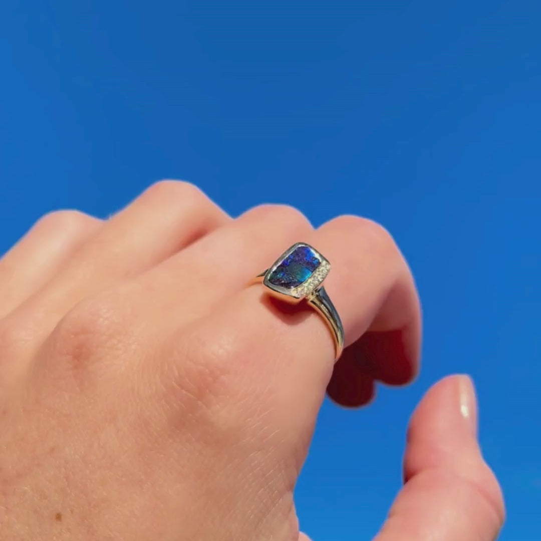 Sapphire Green Boulder Opal Ring 029