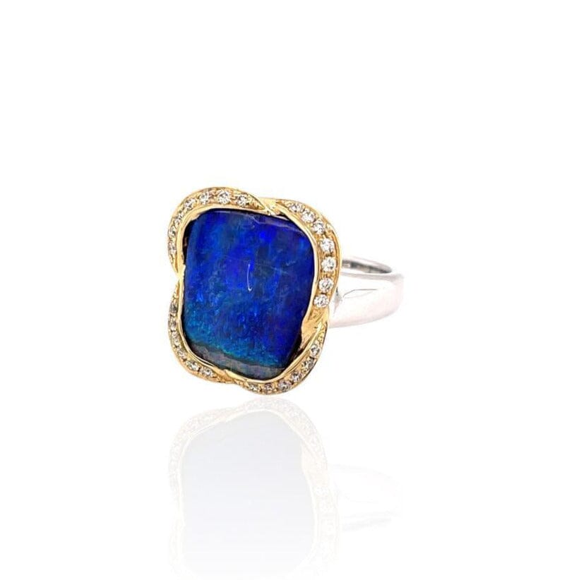 Ikecho 9ct White & Yellow Gold Solid Boulder 4.57ct Opal Diamond Ring 0.10ct