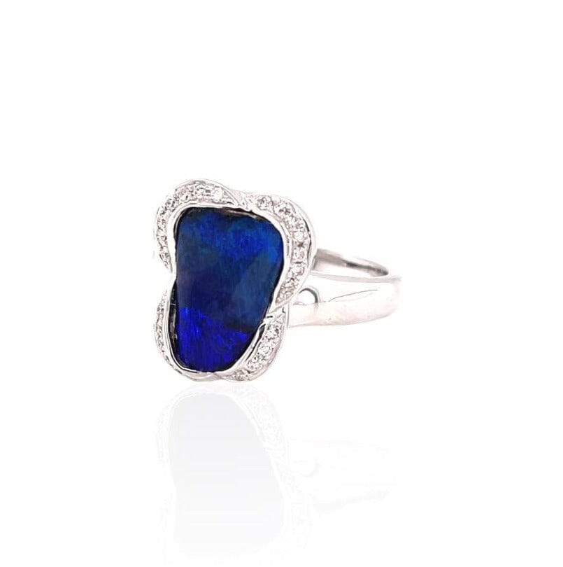 Ikecho 9ct White Gold Solid Boulder 3.33ct Opal Diamond Ring 0.12ct